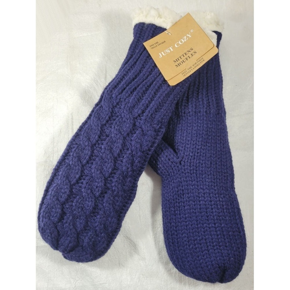 Just Cozy Cable Knit Super Soft Sherpa Lined Mittens - Blue - One Size